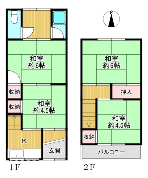 大阪府大阪市東住吉区田辺6丁目の中古テラスハウスの間取り図